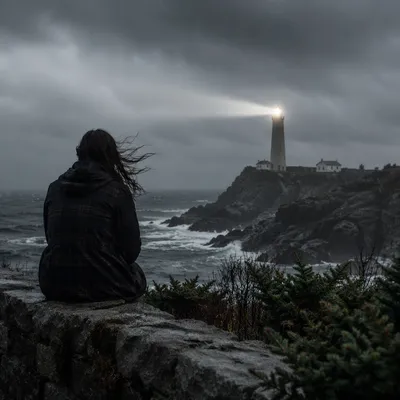 Stormy Lighthouse Beacon with Evergreen Coast