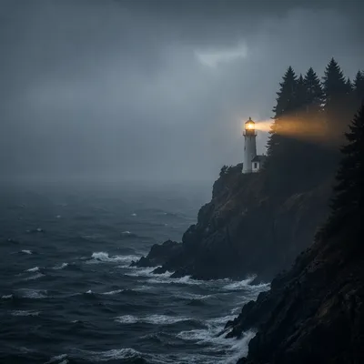 Lighthouse Beacon Guiding Through Stormy Evergreen Coast