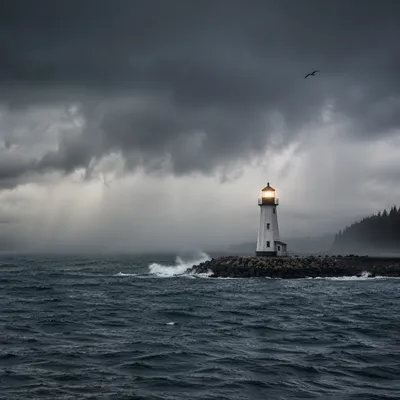 Lighthouse Beacon Through Stormy Coastal Waters