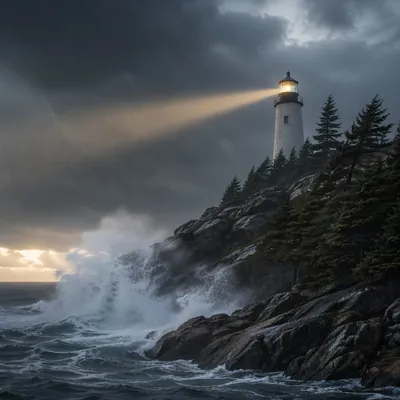 Stormy Lighthouse Beacon with Evergreen Cliffs