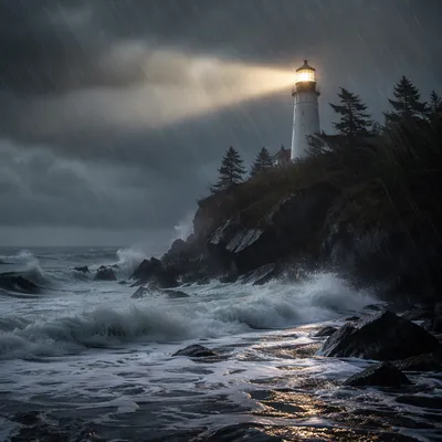 Lighthouse Beacon Through Stormy Evergreen Coast
