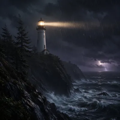 Lighthouse Beacon Through Stormy Evergreen Coast