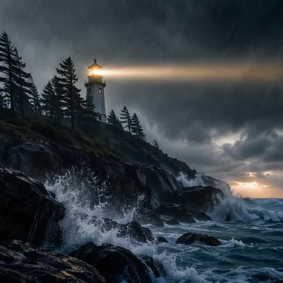 Stormy Lighthouse Beacon Over Evergreen Cliffs