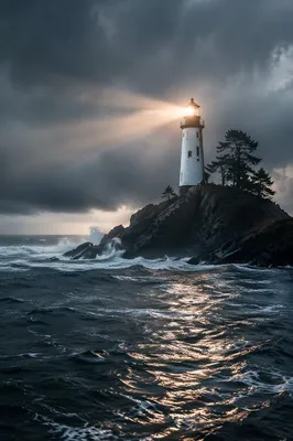 Lighthouse Beacon Through Stormy Evergreen Coast