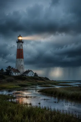 Lighthouse Beacon Over Stormy Evergreen Coast