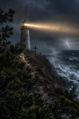 Lighthouse Beacon of Hope in Winter Storm