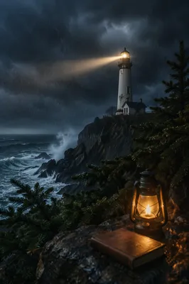 Storm Lighthouse Beacon With Evergreen Pines