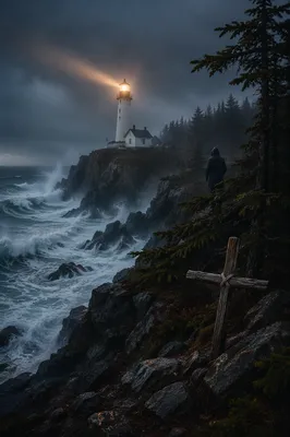 Lighthouse Beacon Through Stormy Evergreen Coast