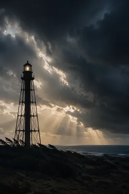 Lighthouse Beacon Through Coastal Storm Clouds