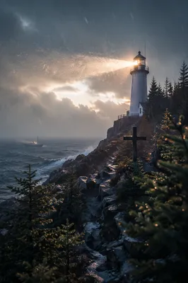 Lighthouse Beacon Guiding Through Winter Storm