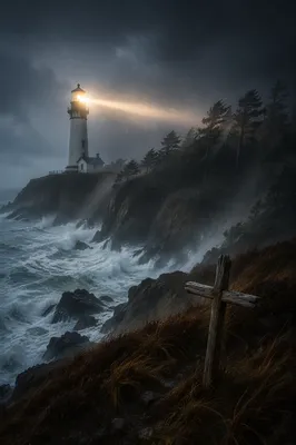 Lighthouse Beacon Guiding Through Stormy Pines