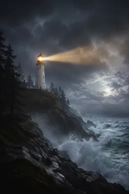 Lighthouse Beacon Through Evergreen Storm