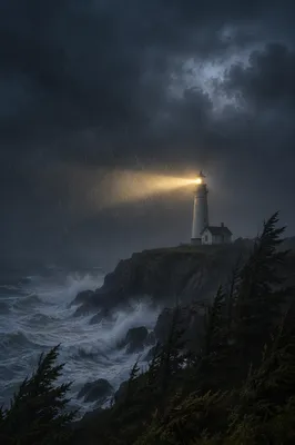 Lighthouse Beacon Through Evergreen Winter Storm