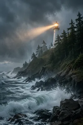 Lighthouse Beacon Through Evergreen Coastal Storm