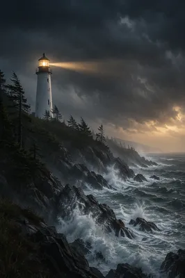Lighthouse Beacon Through Stormy Evergreen Coast