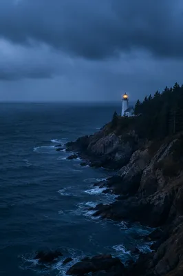 Lighthouse Beacon Through Evergreen Storm Twilight