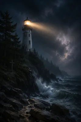 Lighthouse Beacon Through Stormy Evergreen Coast