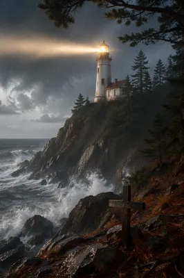 Lighthouse Beacon Over Stormy Evergreen Coast