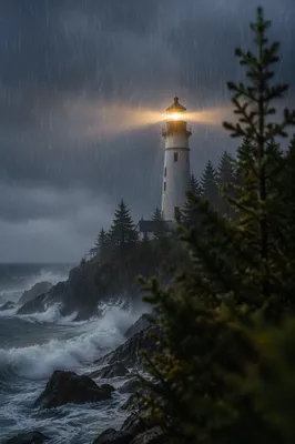 Lighthouse Beacon Shining Through Stormy Evergreens