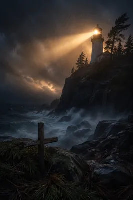 Lighthouse Beacon Guiding Through Stormy Night