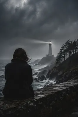 Lighthouse Beacon Through Stormy Evergreen Coast