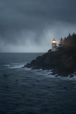 Lighthouse Beacon Over Stormy Evergreen Coast
