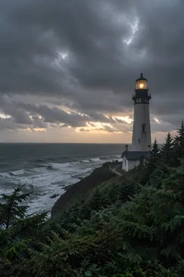 Lighthouse Beacon Over Stormy Evergreen Coast