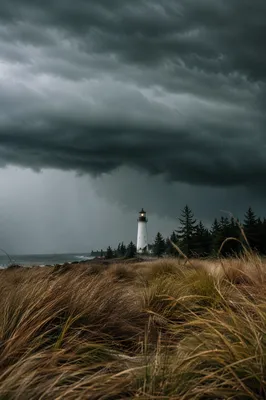 Lighthouse Beacon Beneath Evergreen Storm Clouds