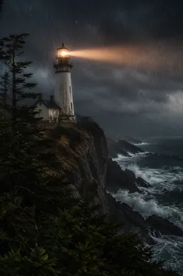 Stormy Lighthouse Beacon Through Evergreen Pines