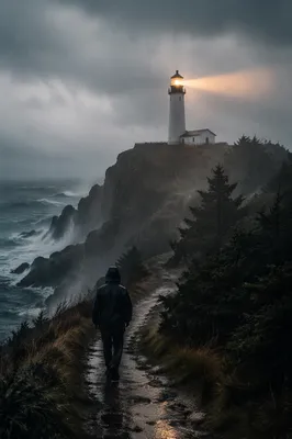 Lighthouse Beacon Guiding Through Stormy Pines