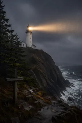 Lighthouse Beacon Over Stormy Evergreen Coast