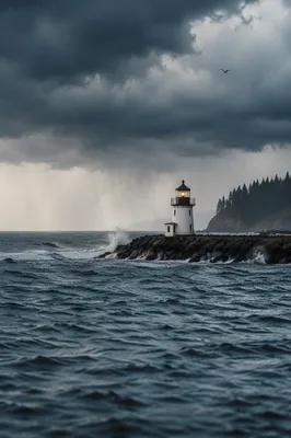 Lighthouse Beacon Through Stormy Evergreen Coast