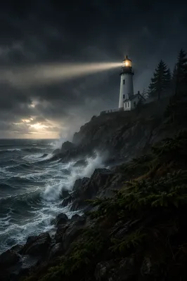 Lighthouse Beacon Over Stormy Evergreen Coast