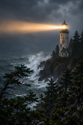 Storm Lighthouse Beacon Over Evergreen Cliffs