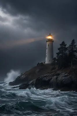 Stormy Lighthouse Beacon Among Evergreens