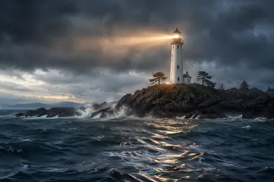 Lighthouse Beacon Through Stormy Evergreen Coast