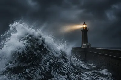 Stormy Lighthouse Beacon Over Crashing Waves