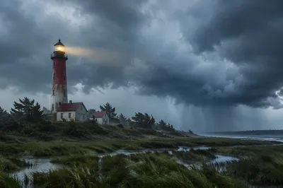 Lighthouse Beacon Over Stormy Evergreen Coast