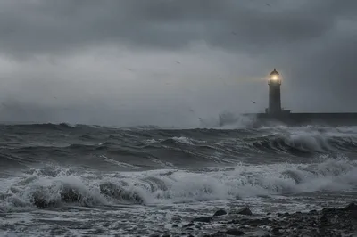 Lighthouse Beacon Through Coastal Storm