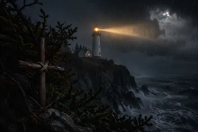 Lighthouse Beacon of Hope in Winter Storm