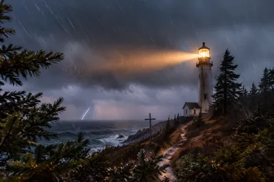 Lighthouse Beacon of Hope in Winter Storm