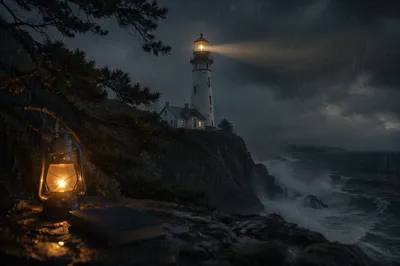 Lighthouse Beacon Through Stormy Evergreen Coast