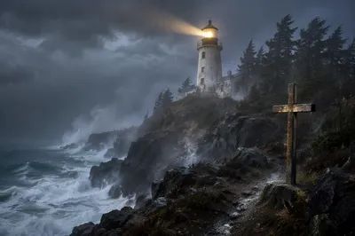 Lighthouse Beacon Through Stormy Evergreen Coast