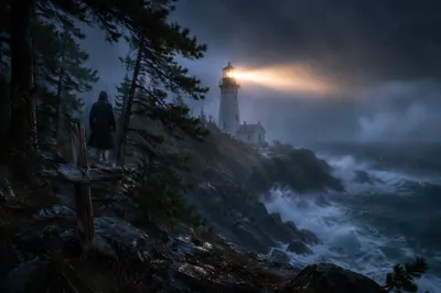 Stormy Lighthouse Beacon Among Evergreen Pines