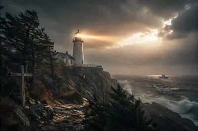 Lighthouse Beacon Guiding Through Winter Storm