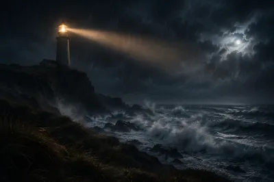 Stormy Lighthouse Beacon Over Rugged Coast