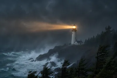 Lighthouse Beacon Through Evergreen Winter Storm