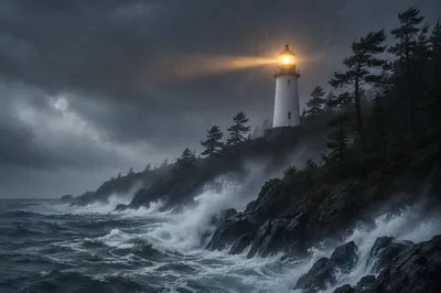Lighthouse Beacon Through Evergreen Coastal Storm