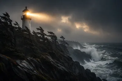 Lighthouse Beacon Through Stormy Evergreen Coast