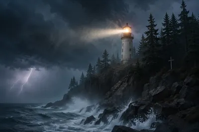 Lighthouse Beacon Over Stormy Evergreen Coast